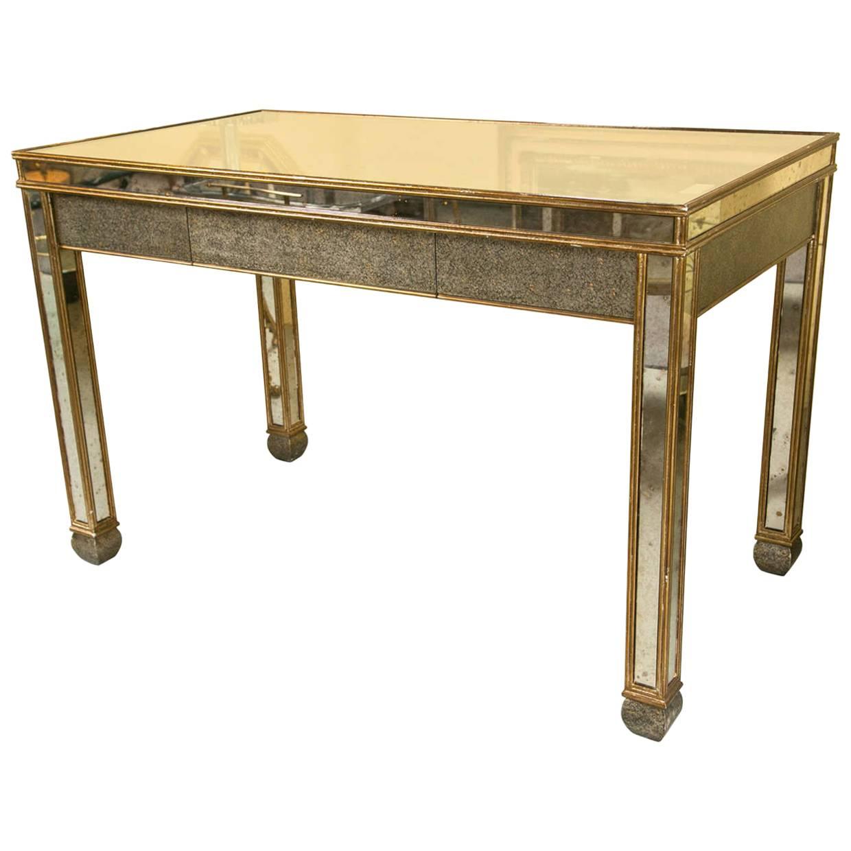 Mid-Century Modern Mirrored Desk Writing Table With Gold Painted Lined Frame 