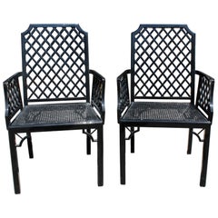 Vintage 1980s Pair of English Black Lacquered Armchairs with Grid Pattern Backrest