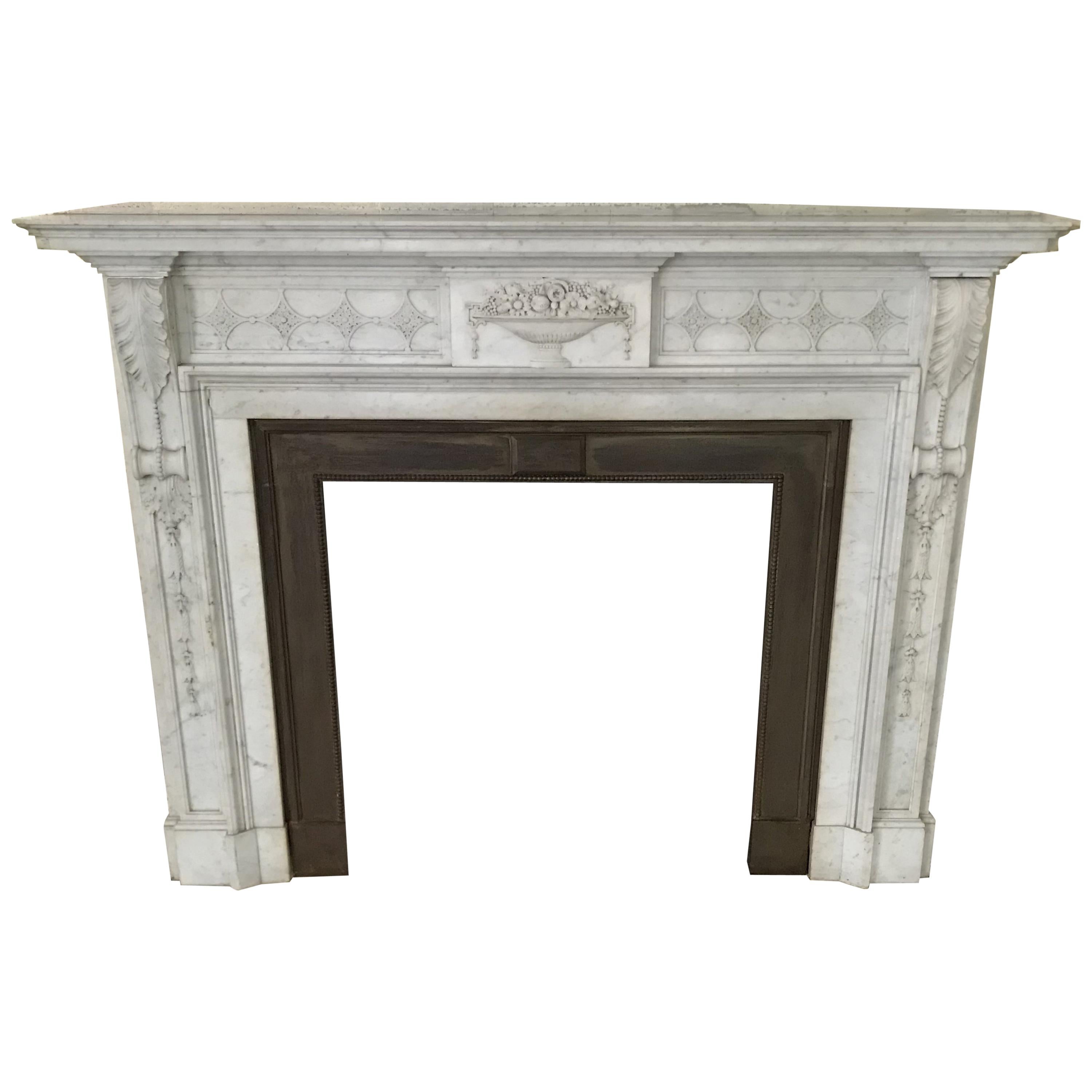 Antique French Louis XVI Carved Marble Fireplace Mantel Surround Bronze Insert