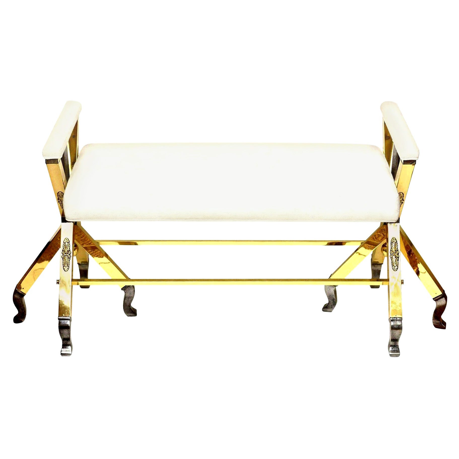 Brass and Steel White Upholstered 3-Legged Bench Mid-Century Modern Restored For Sale