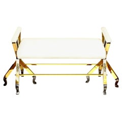 Brass and Steel White Upholstered 3-Legged Bench Mid-Century Modern Restored