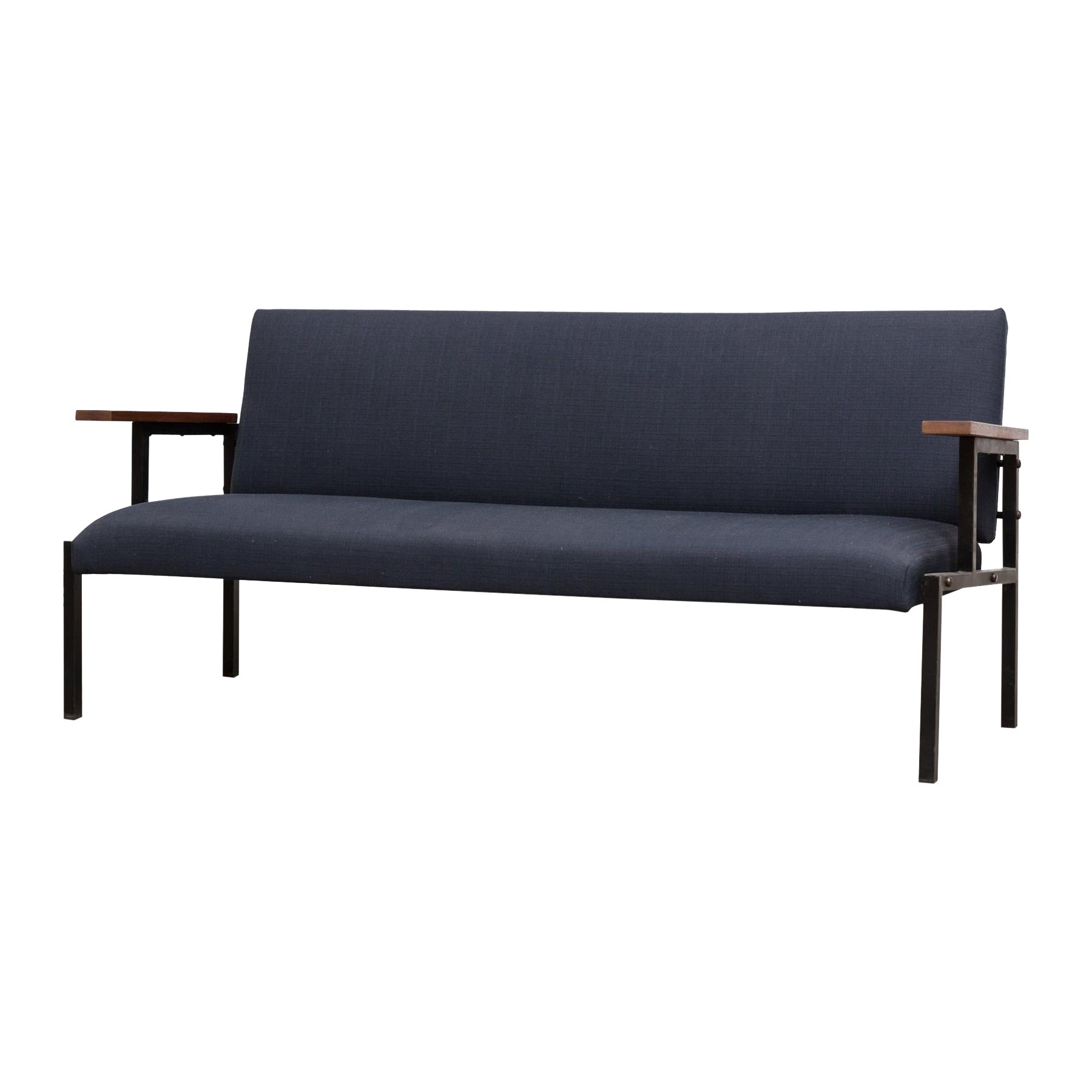 Martin Visser BZ29 Sofa for 't Spectrum w/ Navy Fabric, Black Frame & Teak Arms
