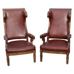 19th Century Pair of French Walnut Leatherette Upholstered Armchairs