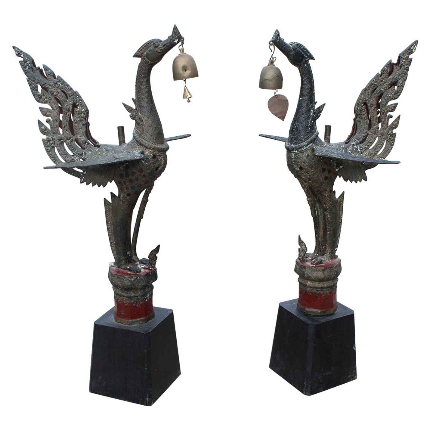 1980s Pair of Asian Bronze Garuda Mythical Hindu Birds on Wooden Bases