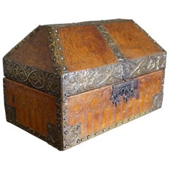 Antique Handcrafted Late 1800s Embossed Leather and Brass Gothic Revival Box