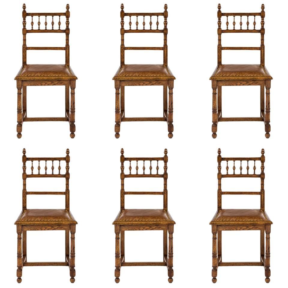 English Oak and Leather Chairs, Set of Four, circa 1900s For Sale