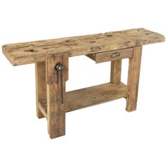 Late 19th Century French Oak Workbench, Console, Sofa Table with Vice and Drawer