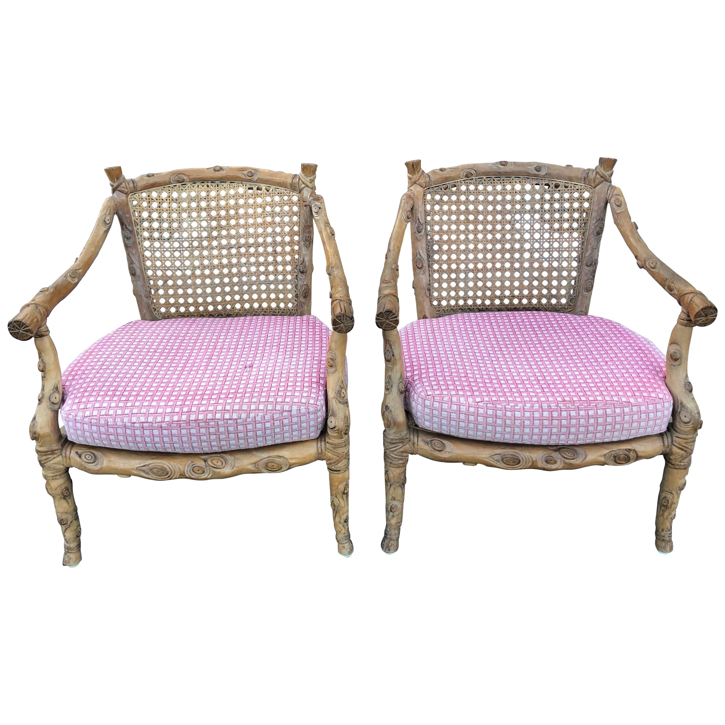 Pair of Hand Carved Wooden Faux Bois Armchairs