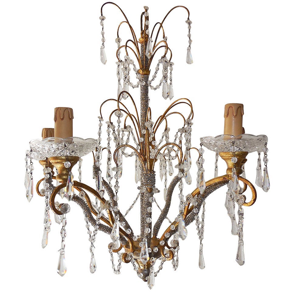 Italian Micro Beaded, Gold Gilt, Crystal Prisms Chandelier
