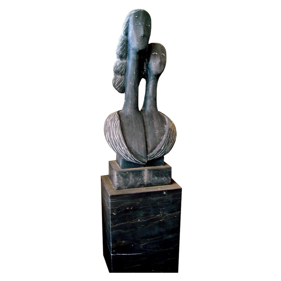 1990s Black Belgium Marble Hand-Carved Abstract Sculpture and Base