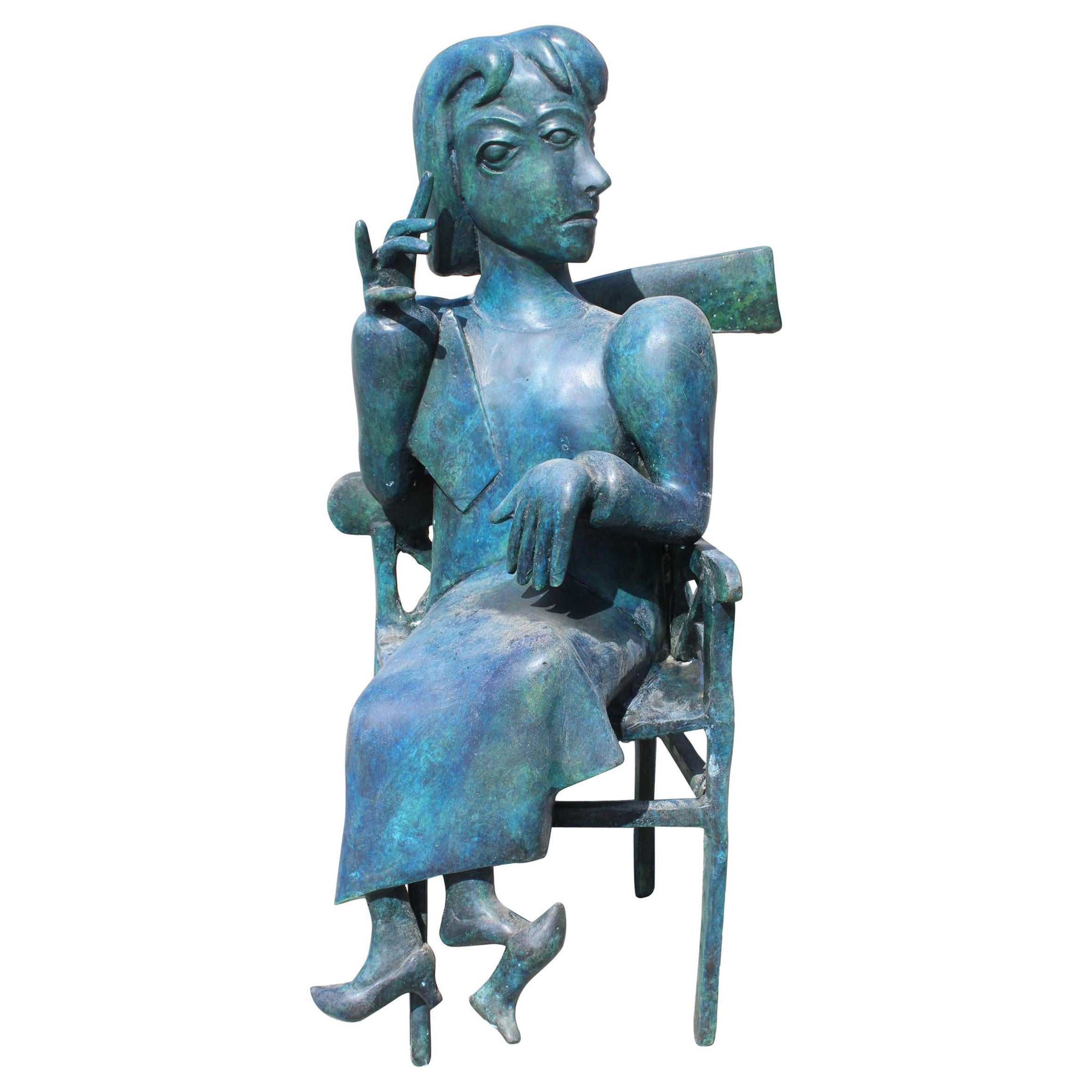 1990s Lady Sitting on a Chair Bronze Abstract Sculpture