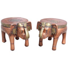 Vintage Pair of Wooden Hand-Carved Indian Low Stools Representing Elephants