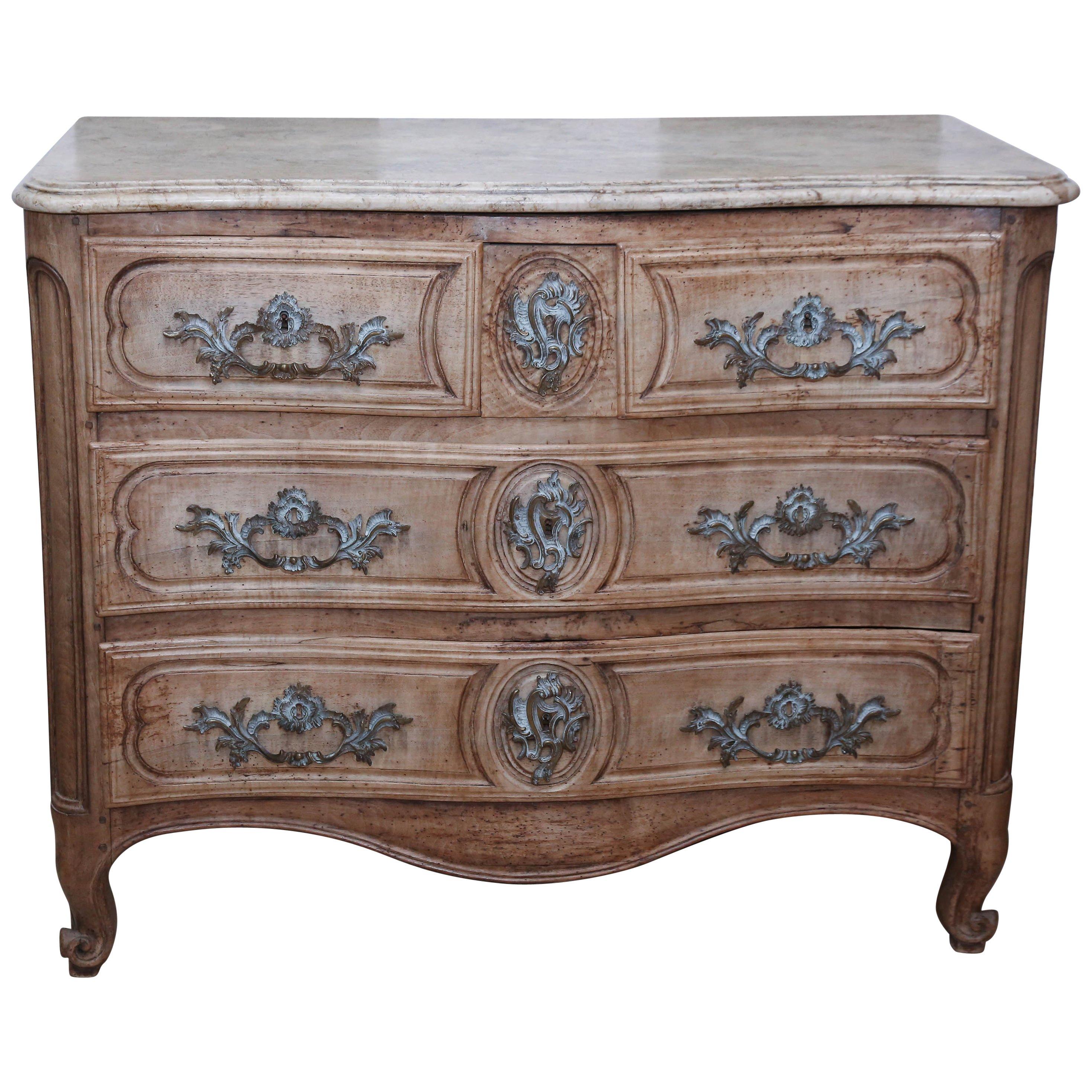 19th Century Louis XV Stripped Walnut Carved Chest with Marble Top For Sale