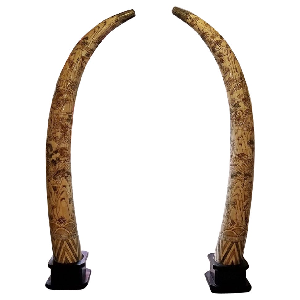 Monumental Pair of Tall Carved Wood Elephant Tusks Brass Bases at 1stDibs