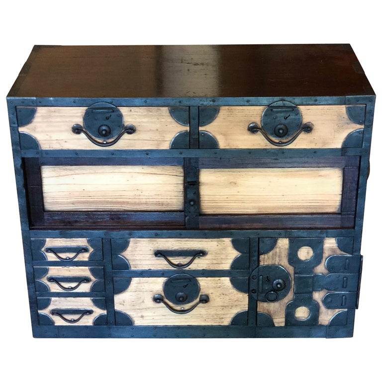 Japanese Tansu Light Wood Kiri Iron Hardware Chest Side ...