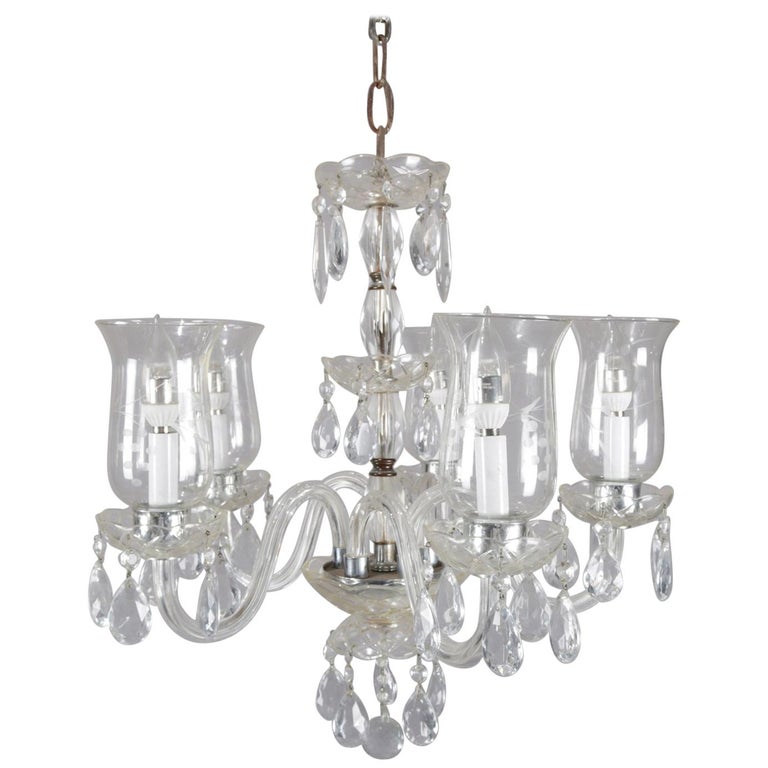 Vintage French Crystal And Chrome 5 Candle Light Chandelier With Vintage French Crystal And Chrome 5 Candle Light Chandelier With Etched Shades For