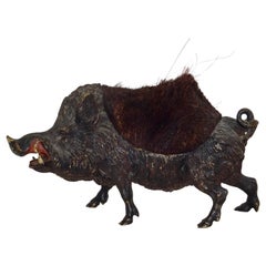 Antique Carved Black Iron Boar Figurine with Boar Hair, 19th Century