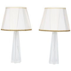 Italian Venetian Pair of Table Lamps, Blown Murano Glass, Silver Transparent