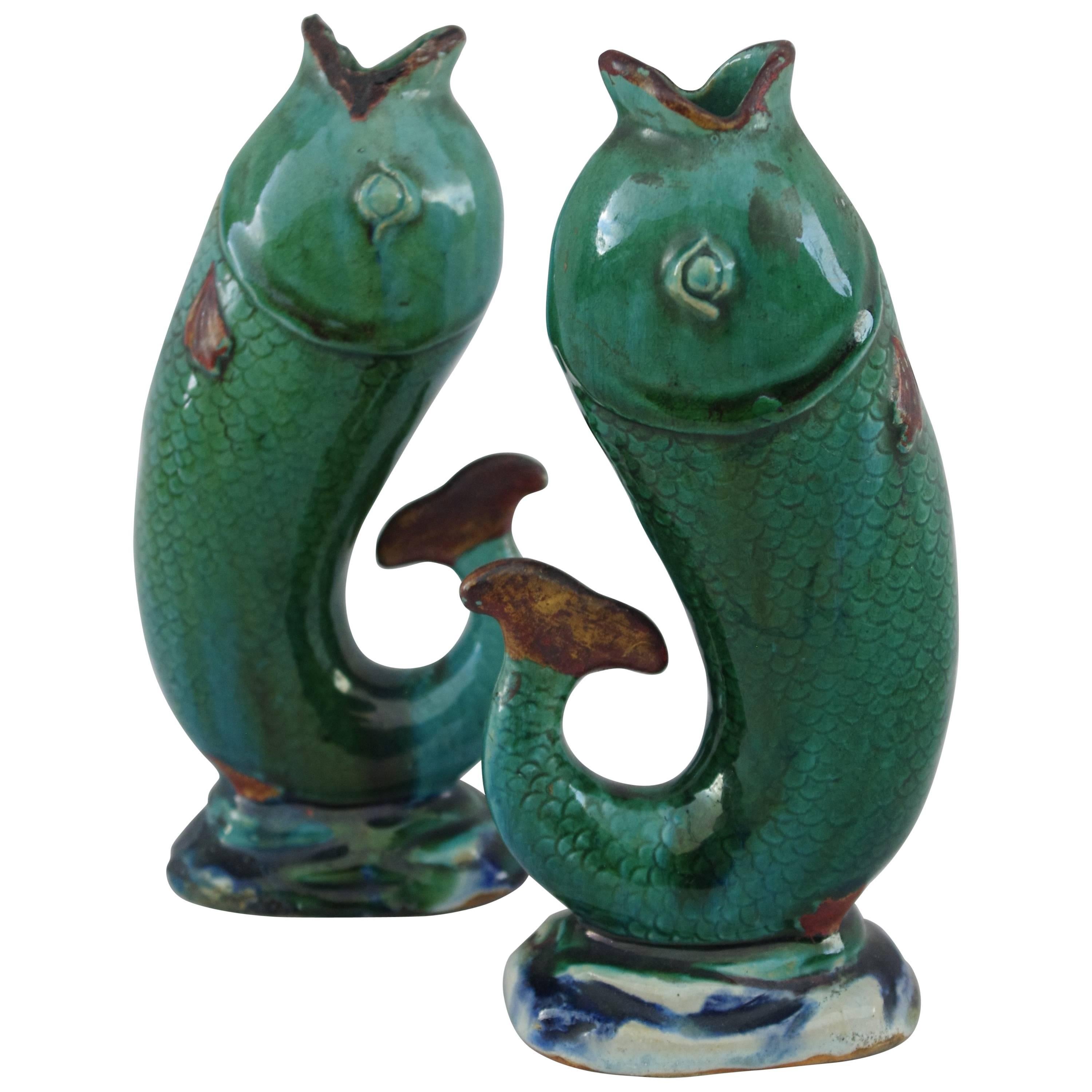 Pair of Fishes, enameled stoneware Soliflore Vases, circa 1920