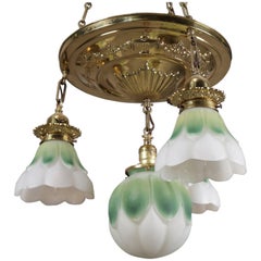 Figural Neoclassical Brass Ceiling Light Fixture with Floral Form Shades