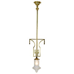 Pair of Decorated Art Deco Cast Brass Pendant Lamps with Cut Crystal Shade