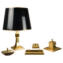 Art Deco Brass Table Lamp and Writing Set with Ink Well and Blotter Rocker