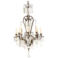 Lustre à 8 lumières en bronze de style rococo français du 19ème siècle avec cristaux taillés à la main