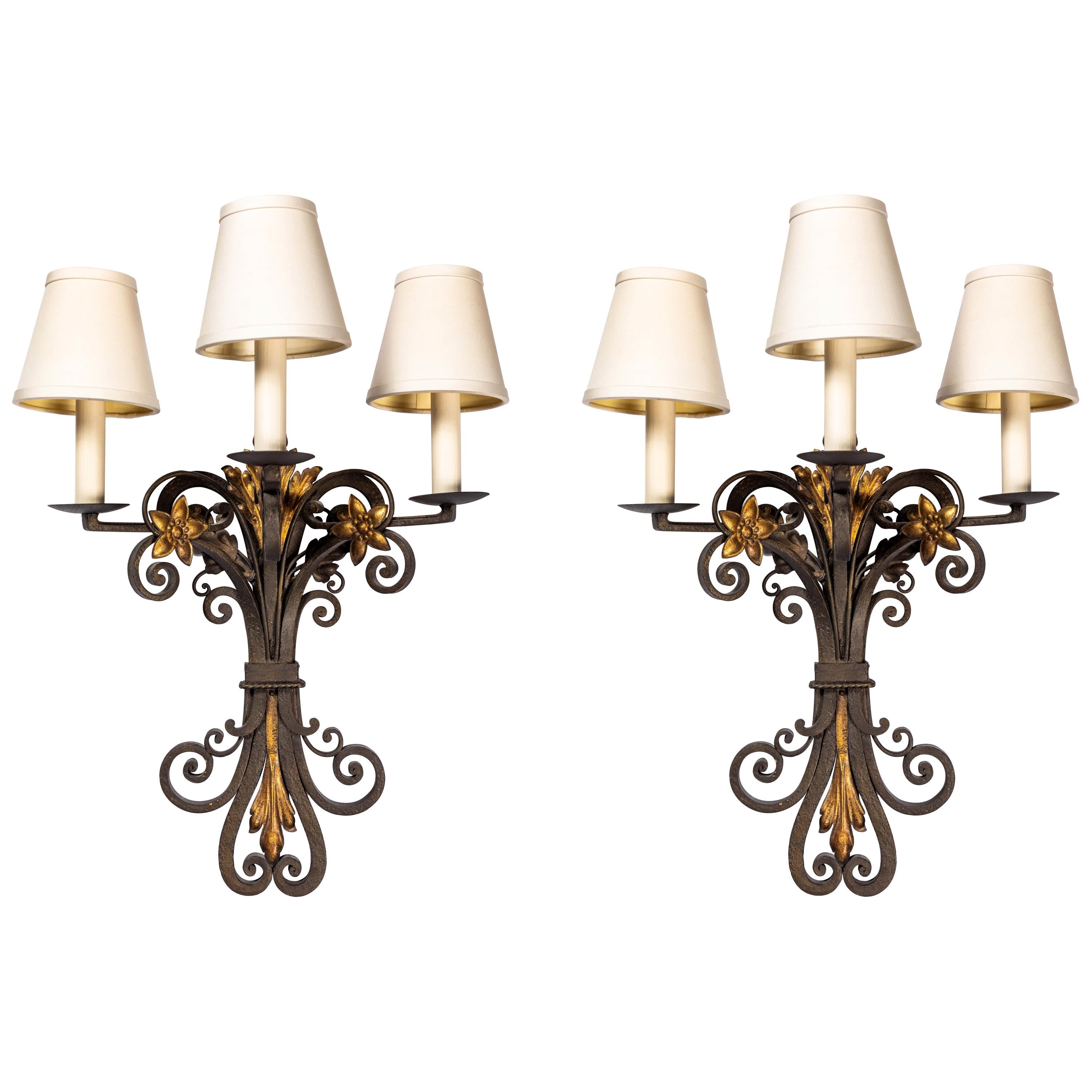 French Wrought Iron and Parcel Gilt Sconces, circa 1930 For Sale