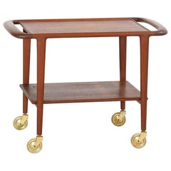 Danish Teak And Rattan Lift Top Sewing Cart Table With Wheels Scandinavian Teak Carts With Gilt Metal 1960s