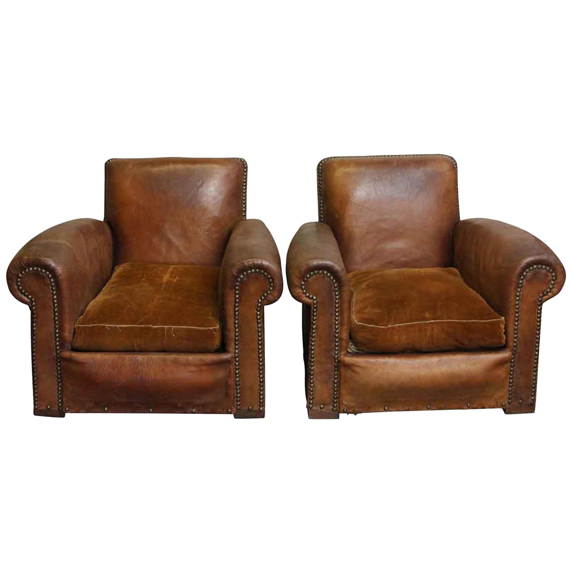 1980s Pair of French Beefy Leather Club Chairs