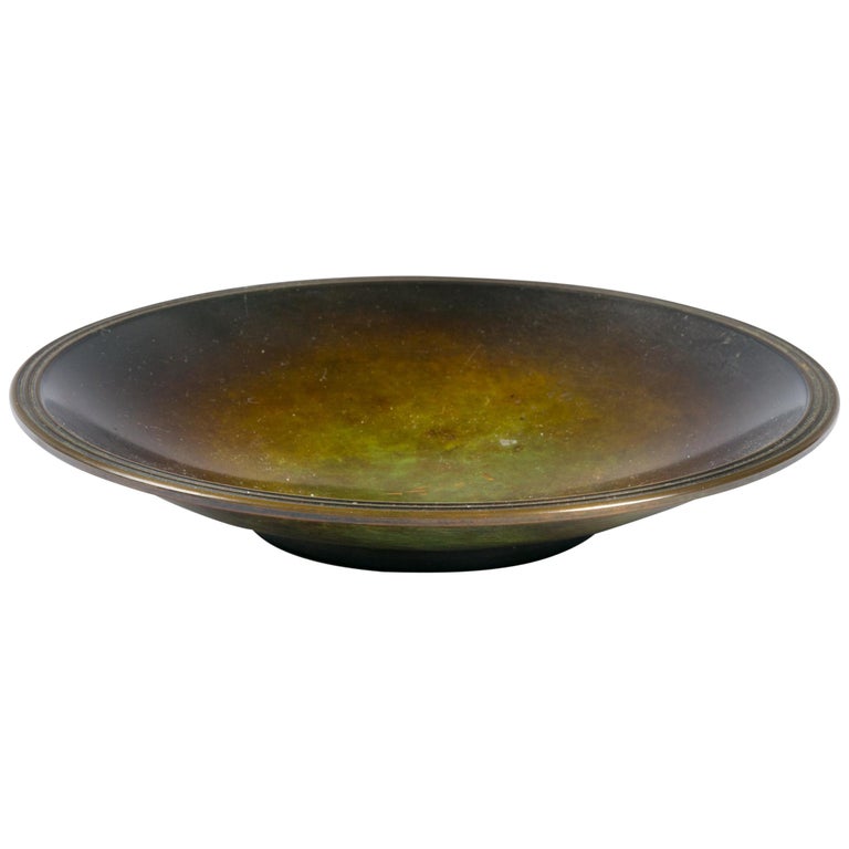 A Large Japanese Green and Brown Patinated Bronze Shell Dish (Bowl) For