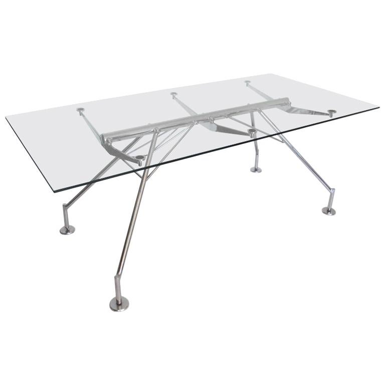 Nomos Style Chrome and Glass Dining Table or Desk after Norman Foster