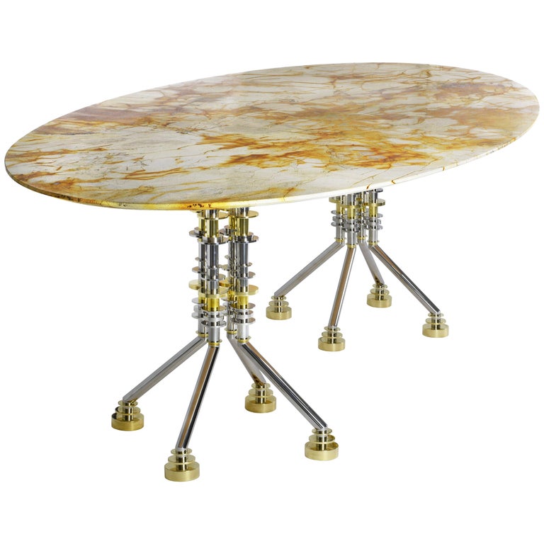 Sputnik, Contemporary Oval Dining Table with Spiderman Marble Top and