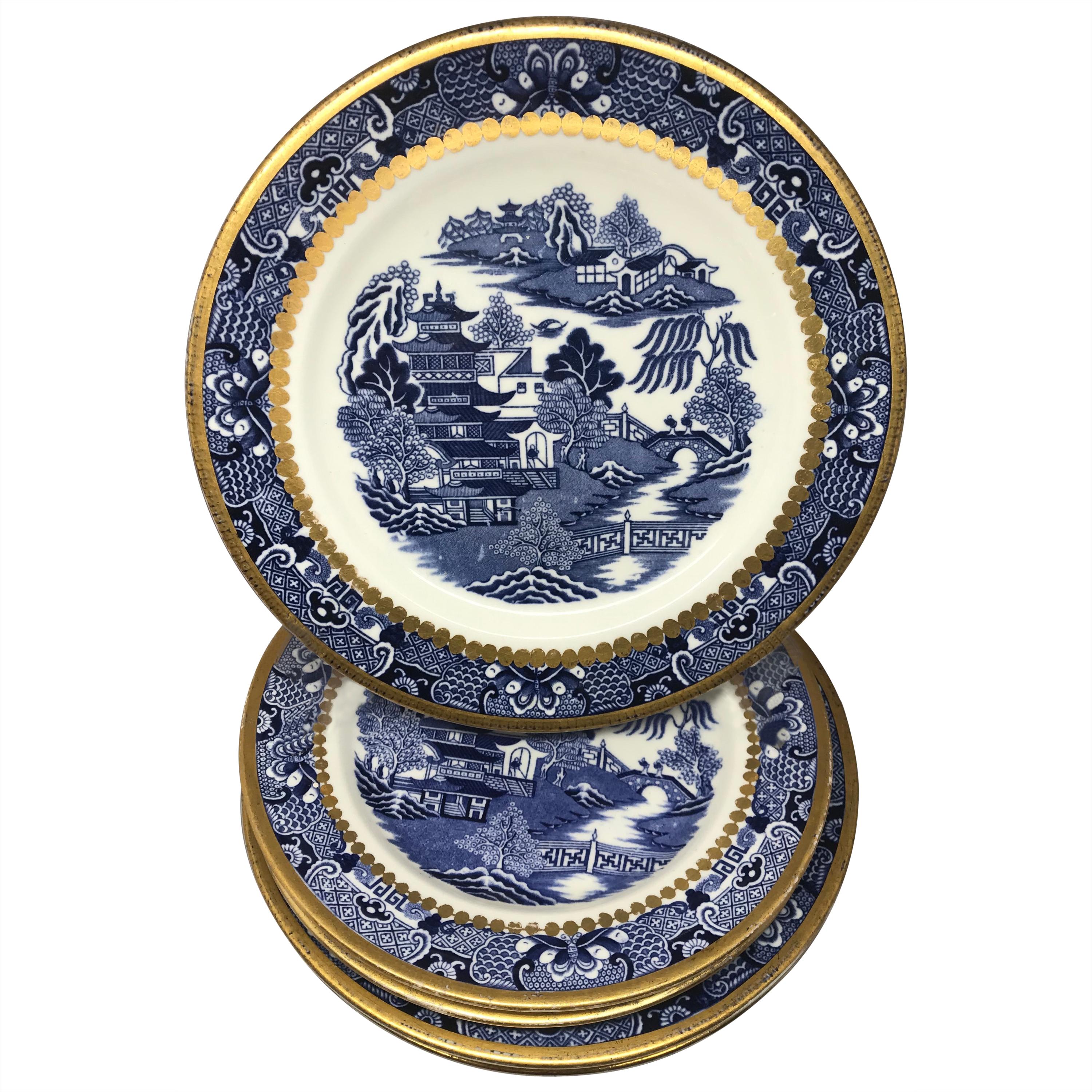 Set of Six Blue and White English Plates