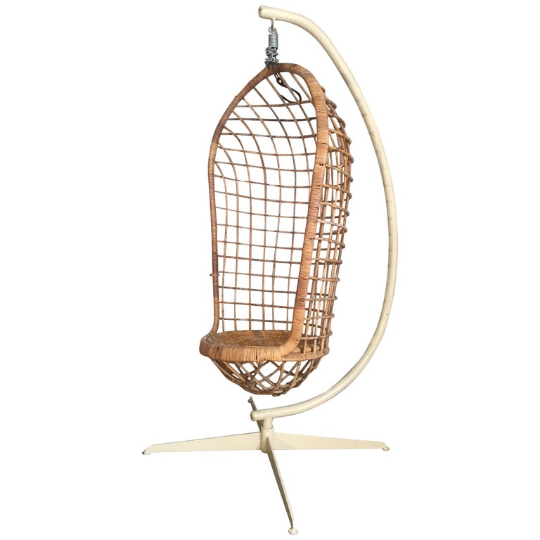 Midcentury Rattan Hanging Pod Chair With Stand For At 1stdibs Midcentury Rattan Hanging Pod Chair With Stand For