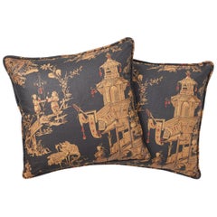 Schumacher Chinois Chinoiserie Charcoal Gold Two-Sided Pillows, Pair