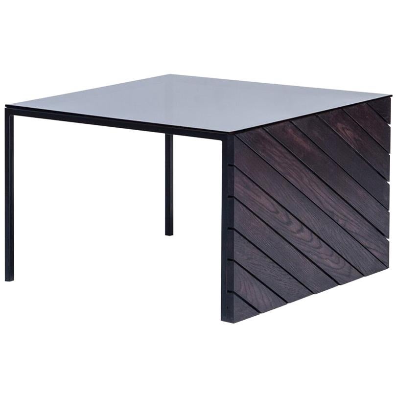 Table basse en frêne avec cadre en acier et plateau en verre gris Hinterland Design en vente
