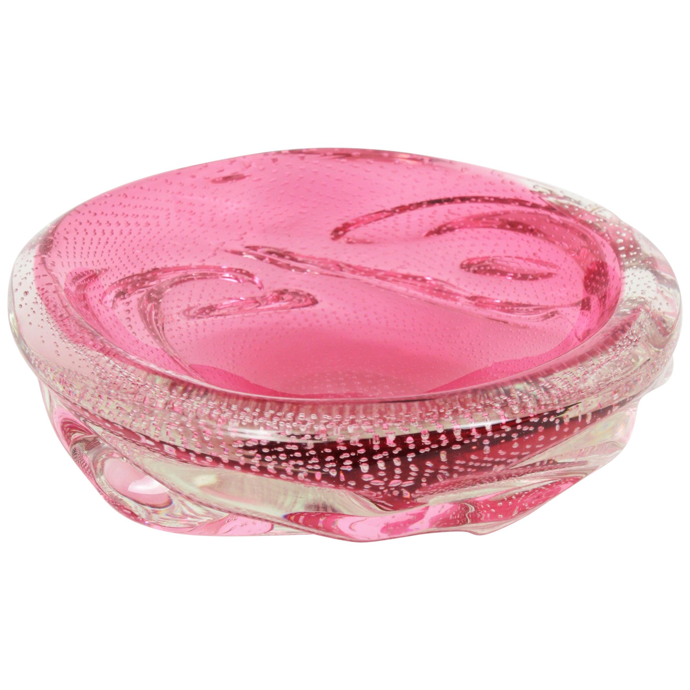 Archimede Seguso Pink Controlled Bubbles Murano Glass Centrepiece / Large Bowl