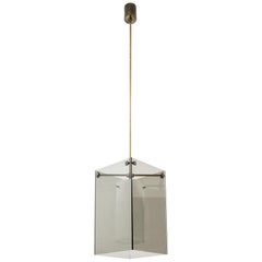 Max Ingrand, Pair of Pending Lights in Glass and Brass, circa 1960