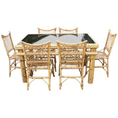 1970s Spanish Bamboo and Rattan 6-Seat Dining Set