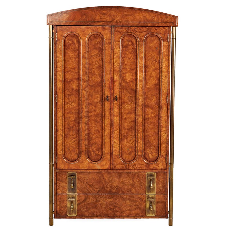 Mastercraft Armoire Chest of Drawers in Burl Wood and Brass, Hollywood Regency For Sale at 1stdibs