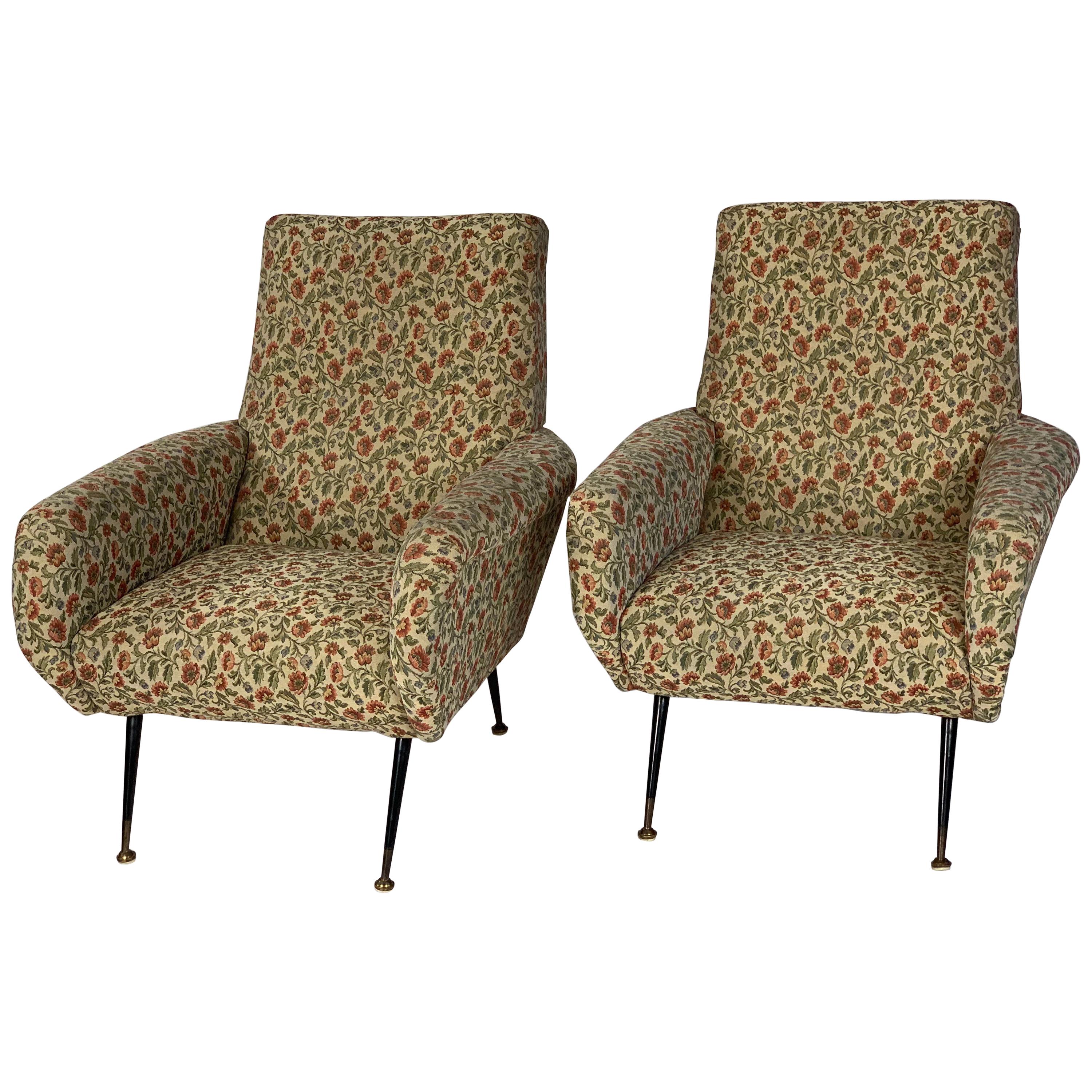 Pair of Italian Mid-Century Modern Lounge Chairs with Metal Legs