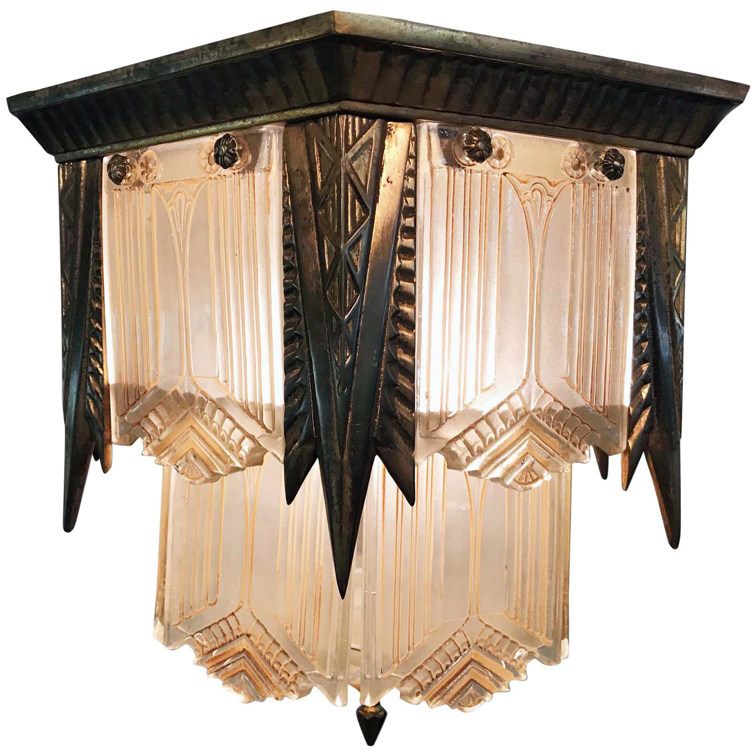 Art Deco Flush Mount Molded Glass Panel Hall Lantern For Sale