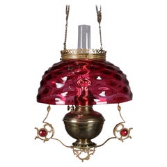Antique Victorian Cranberry Glass and Bronze Electrified Hanging Gas Lamp