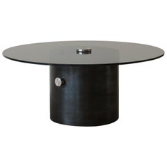 Contemporary RTB Table in Blackened Steel, Stainless Steel and Dark Grey Glass