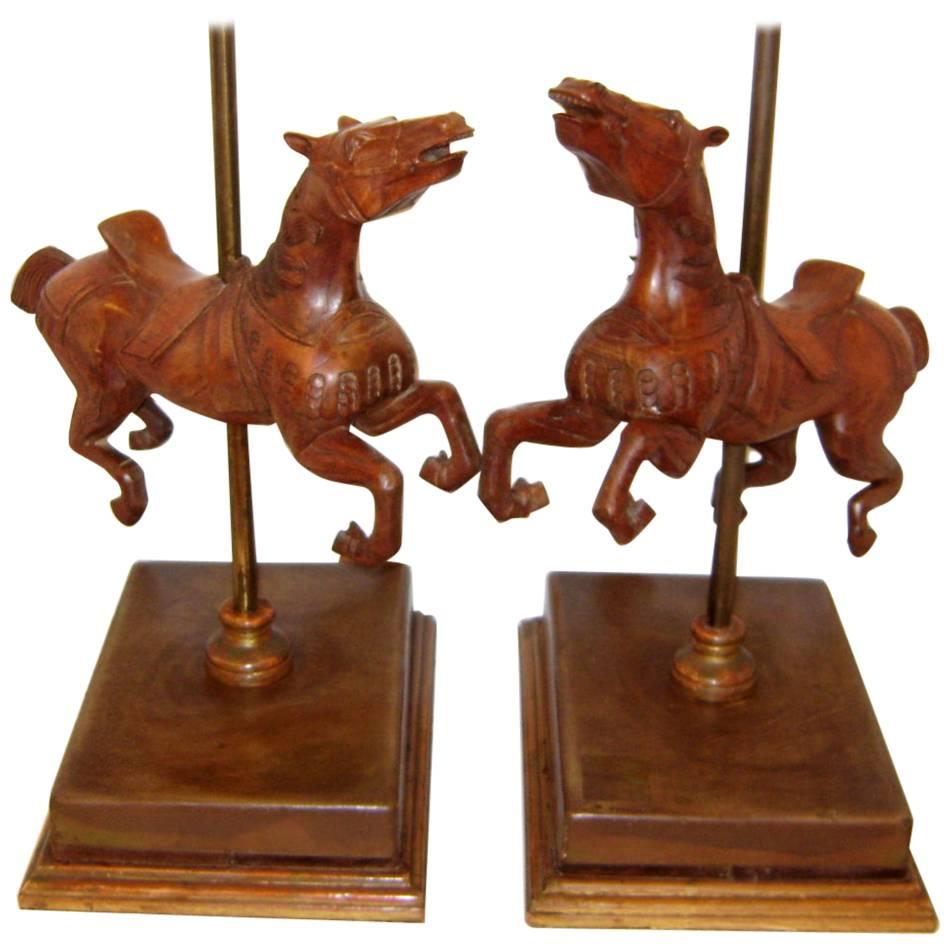 Wooden Carousel Horses Table Lamps For Sale