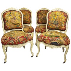 Four French 19th Century Louis XV Style White-Lacquer & Needlepoint Side Chairs