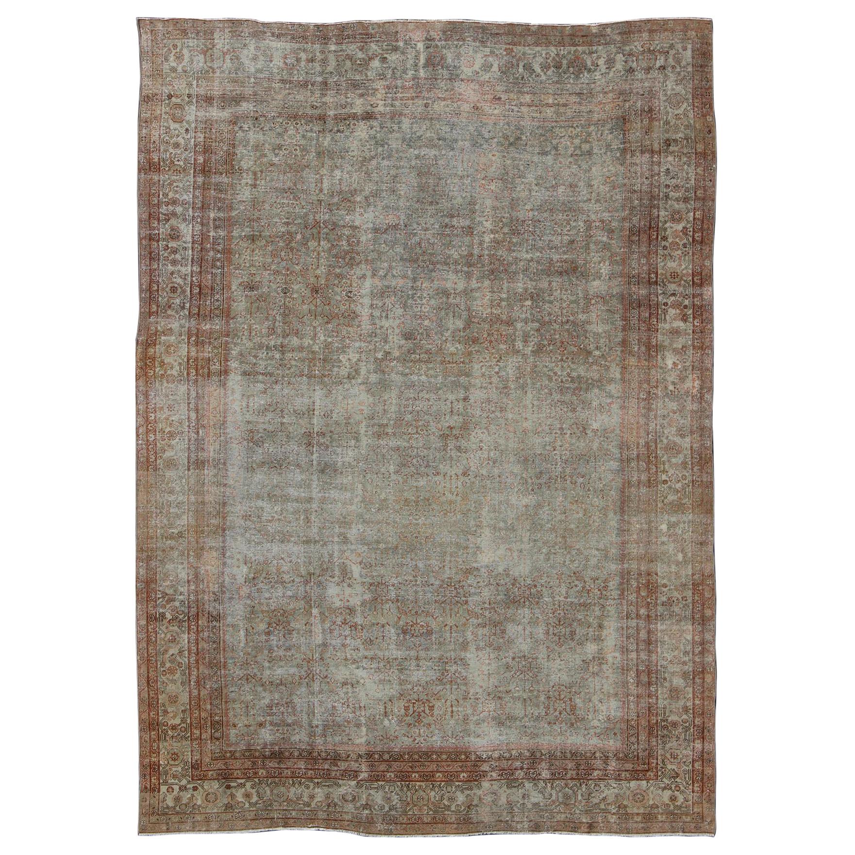 Antique Persian Distressed Sultanabad Rug with Subdued All-Over Design in Green