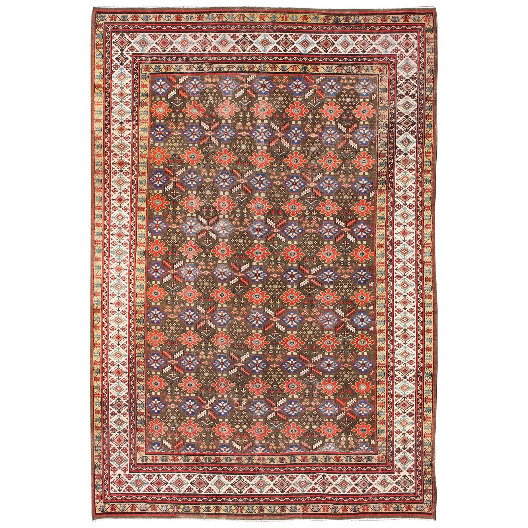 Large Antique Kurdish Rug with All-Over Design in Brown/Green, Red, and Blue