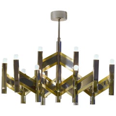 1970s Italian Chandelier Brass and Chrome Chevron Shape 15 Lights, by Sciolari